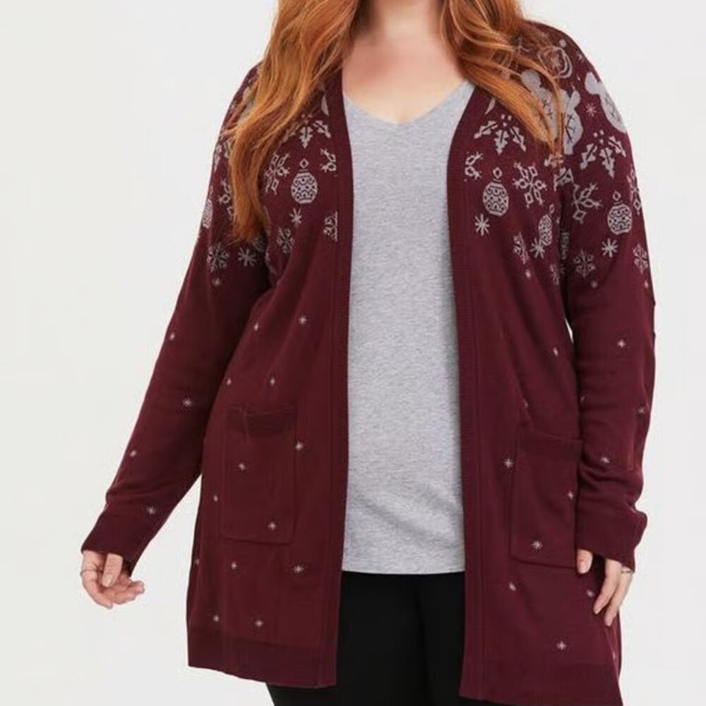 Torrid Disney Mickey Mouse Holiday Fair Isle burgundy cardigan size 1x